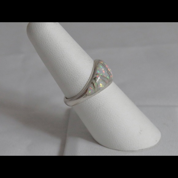 Sterling Silver Inlay White Lab Opal Dome Ring - Picture 6 of 12